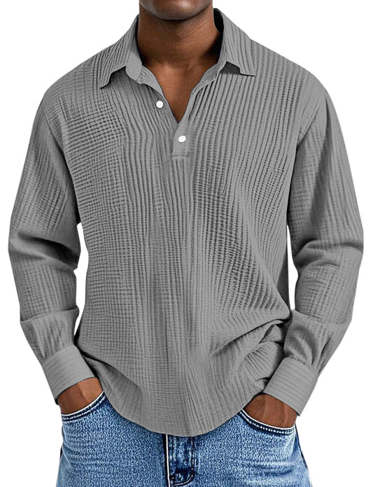 Men's Simple Solid Color Pleated Texture Long-sleeved Lapel Polo Shirt