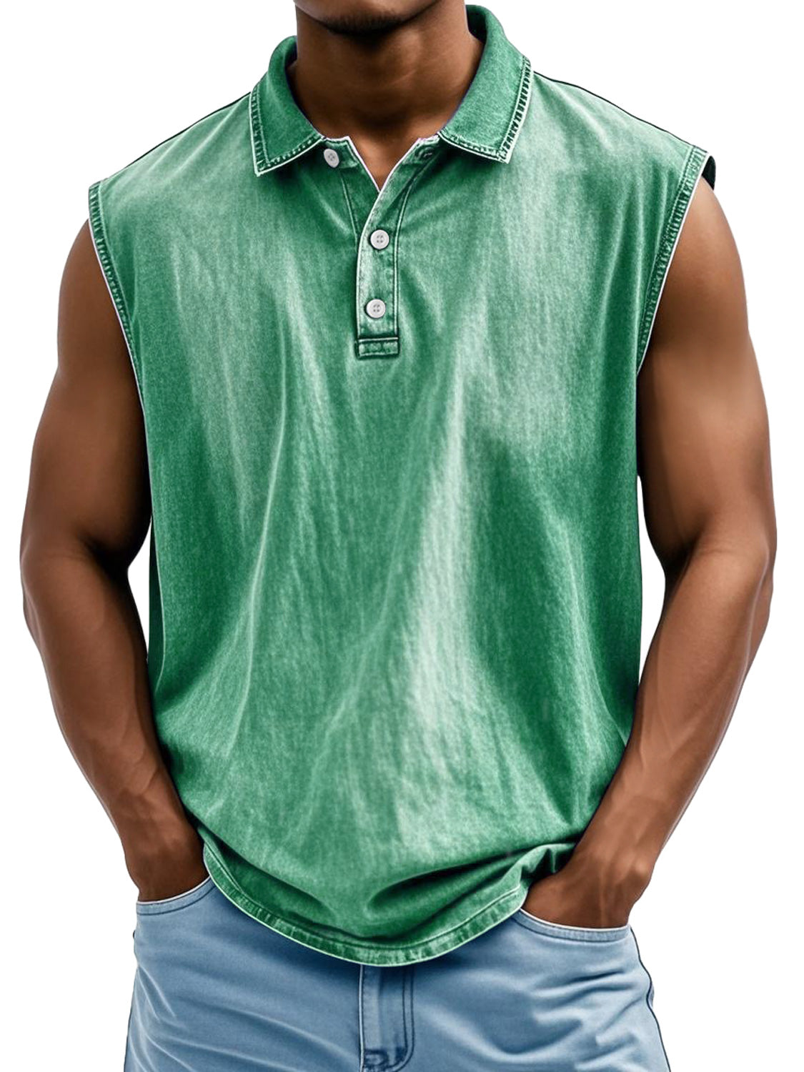 Men's Retro Casual Lapel Button Solid Color Loose Sleeveless POLO Shirt