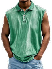 Men's Retro Casual Lapel Button Solid Color Loose Sleeveless POLO Shirt
