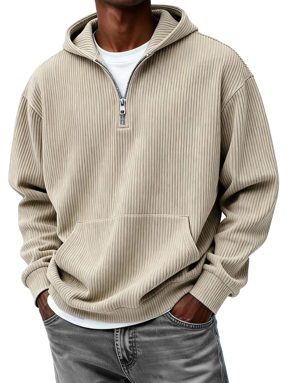 Men's Clothing Fashionable Casual Pit Strip Fabric Zipper Pockets Hooded Long-sleeved Sweatshirt 