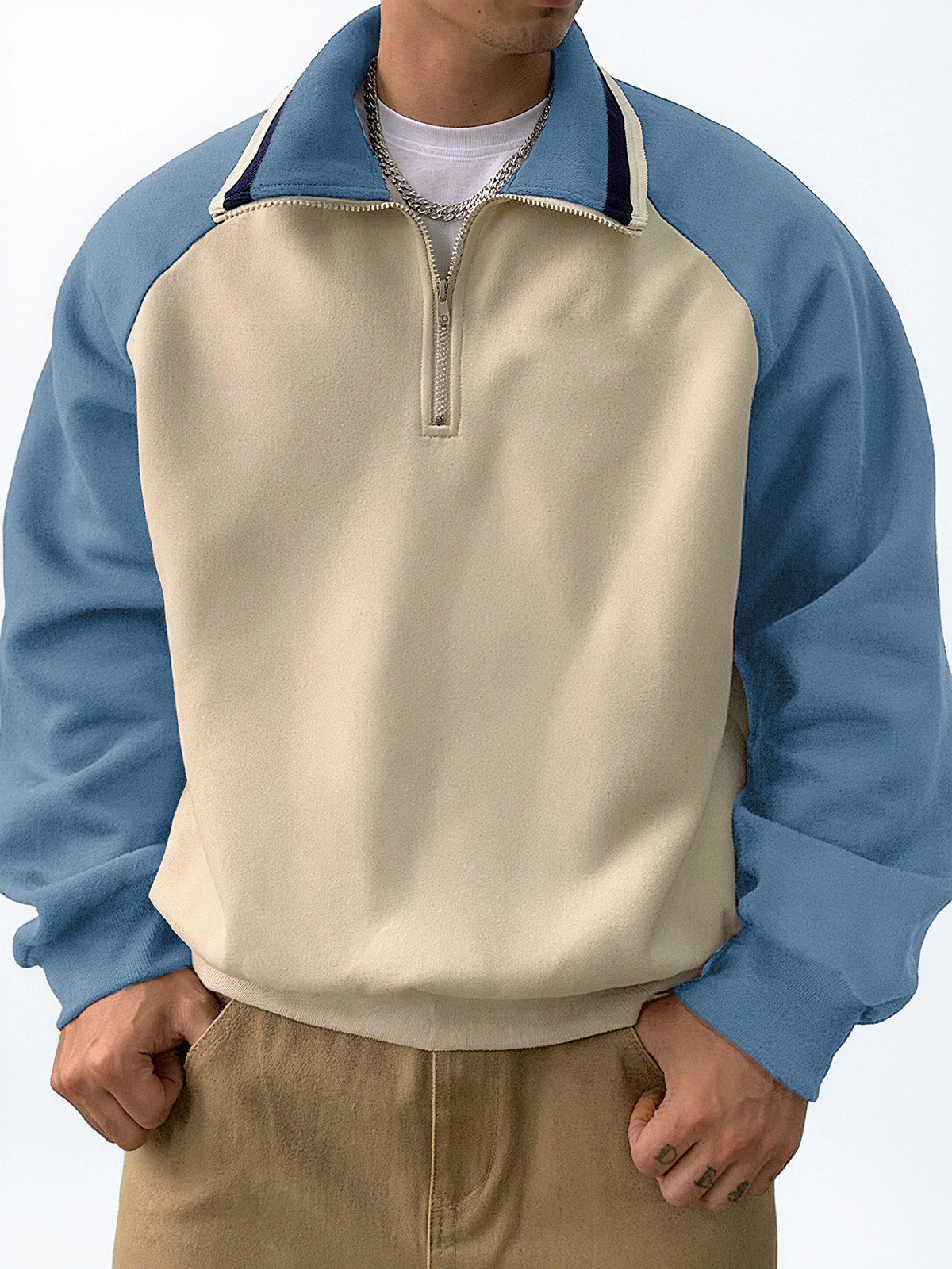 Men's Stylish Retro Patchwork Zippered Loose-fitting Long-sleeved Sweatshirt 