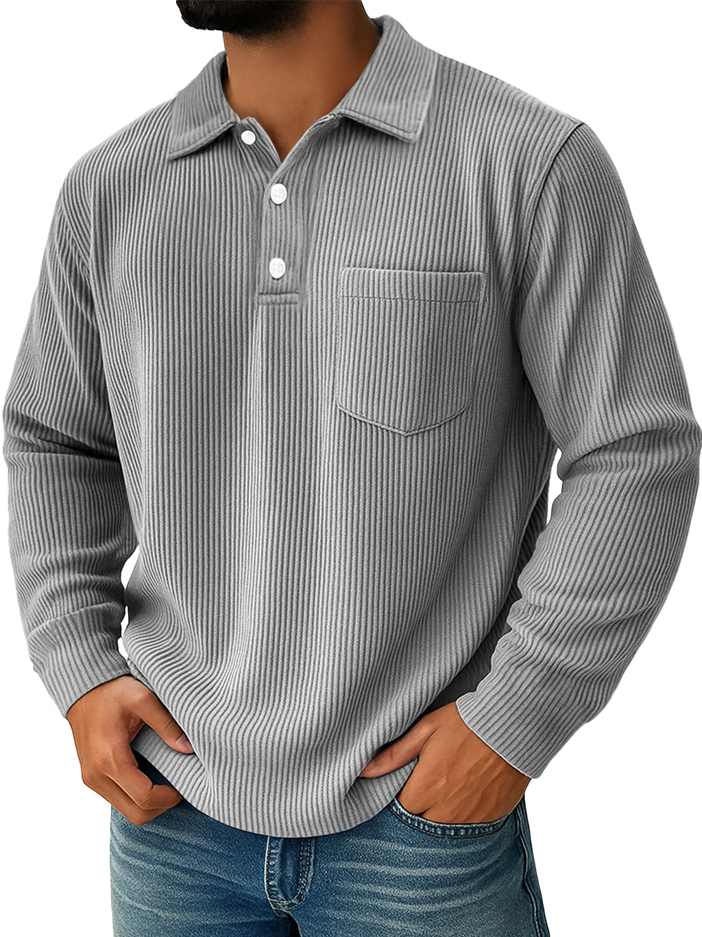 Men's Daily Ribbed Lapel Button-down Casual Pocket Long-sleeved Polo Shirt