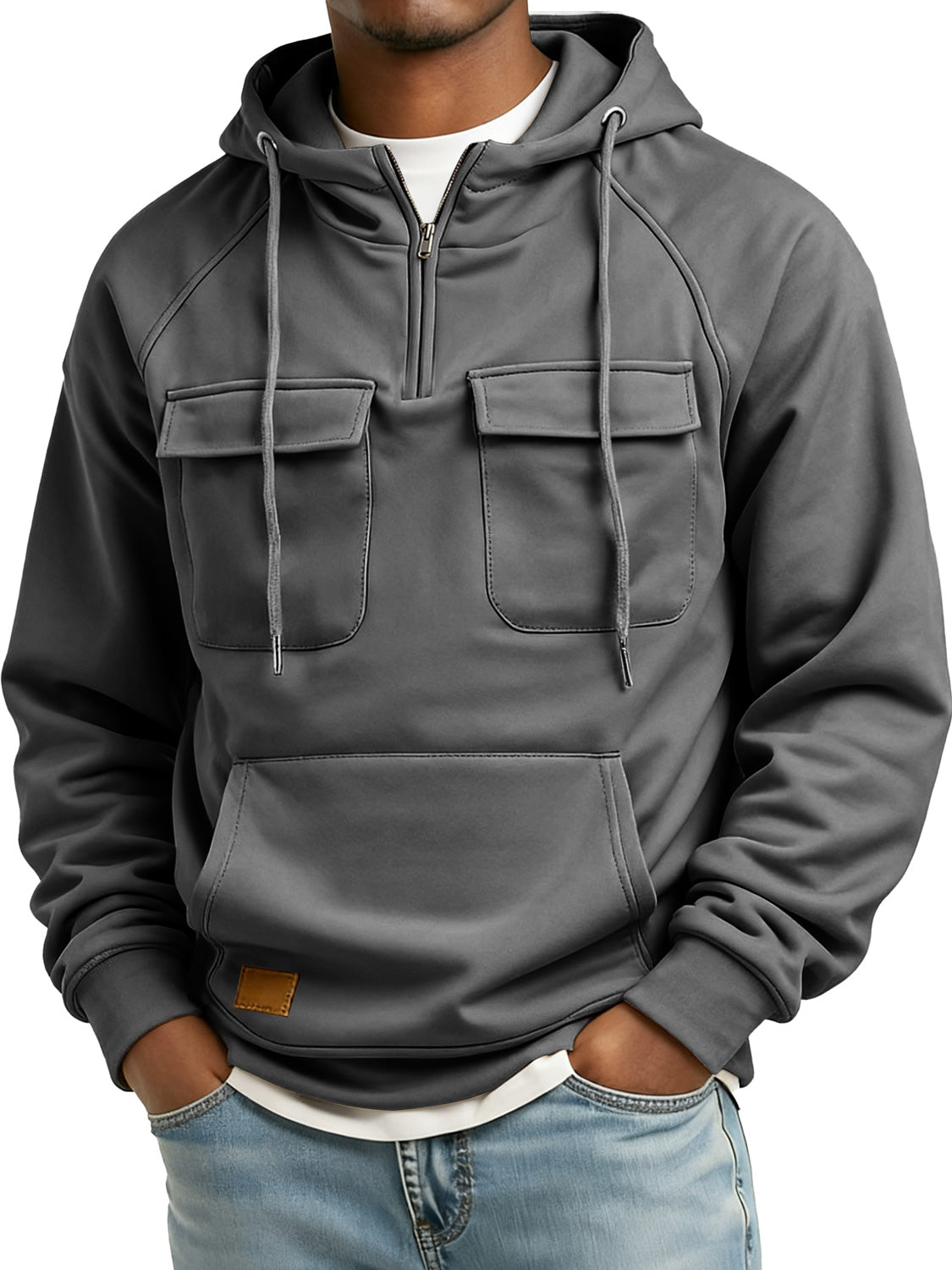 Men's Retro Zipper Double Pocket Embroidered Logo Casual Hoodie