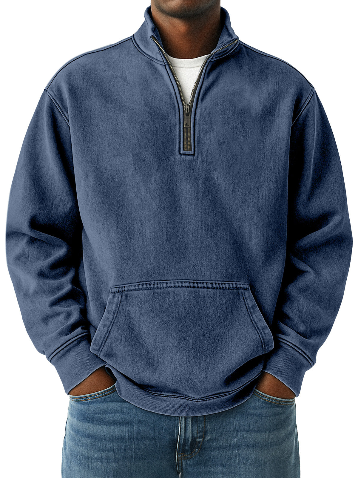 Men's Simple Retro Loose Pocket Quarter Stand Collar Zipper Sweatshirt
