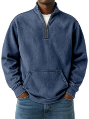 Men's Simple Retro Loose Pocket Quarter Stand Collar Zipper Sweatshirt