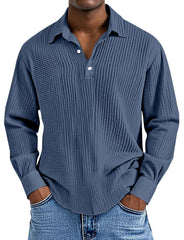 Men's Simple Solid Color Pleated Texture Long-sleeved Lapel Polo Shirt