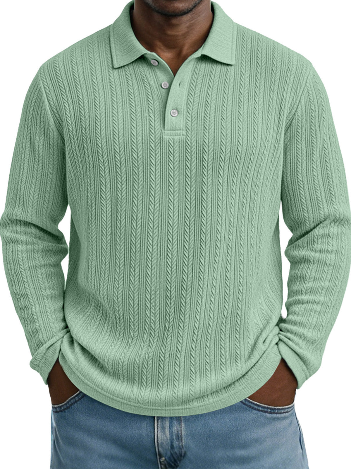 Casual Everyday Design Twist Textured Lapel Long-sleeved Polo Shirt