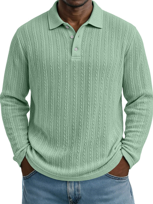 Casual Everyday Design Twist Textured Lapel Long-sleeved Polo Shirt
