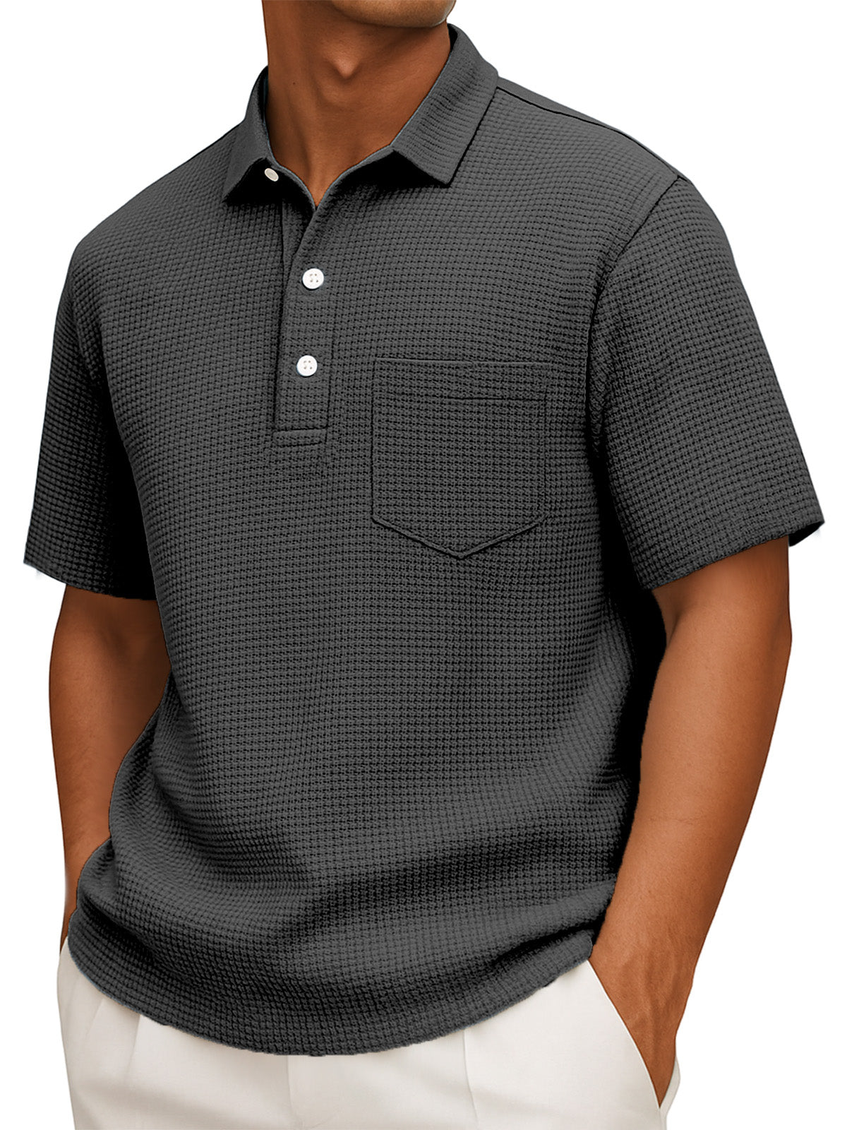 Men's Casual Solid Color Waffleck Short Sleeve Polo Shirt