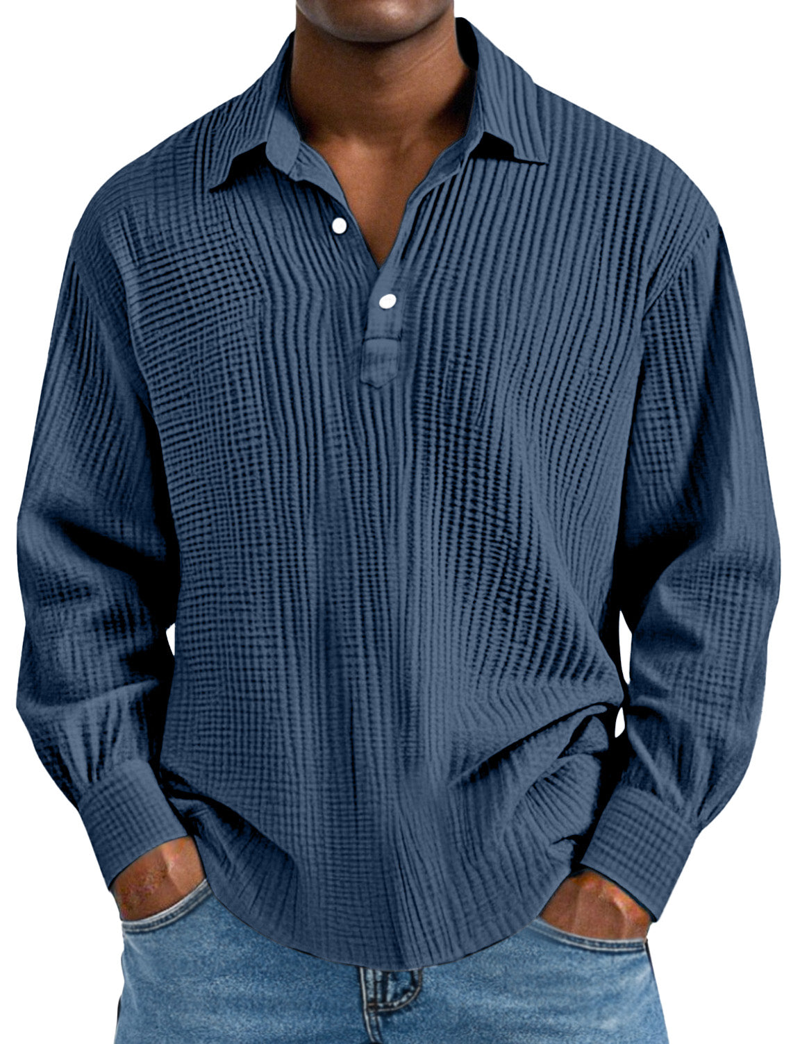 Men's Daily Simple Solid Color Pleated Long Sleeve Lapel Polo Shirt