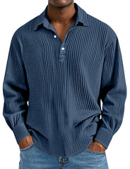 Men's Daily Simple Solid Color Pleated Long Sleeve Lapel Polo Shirt