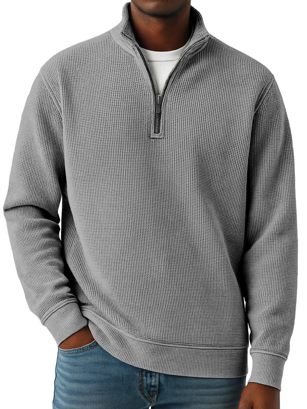 Men's Simple Solid Color Waffle Quarter-zip Long Sleeve Polo Shirt