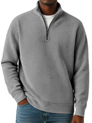 Men's Simple Solid Color Waffle Quarter-zip Long Sleeve Polo Shirt