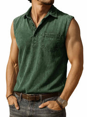 Men's Fashion Retro Distressed Pocket Lapel Sleeveless Polo Shirt 