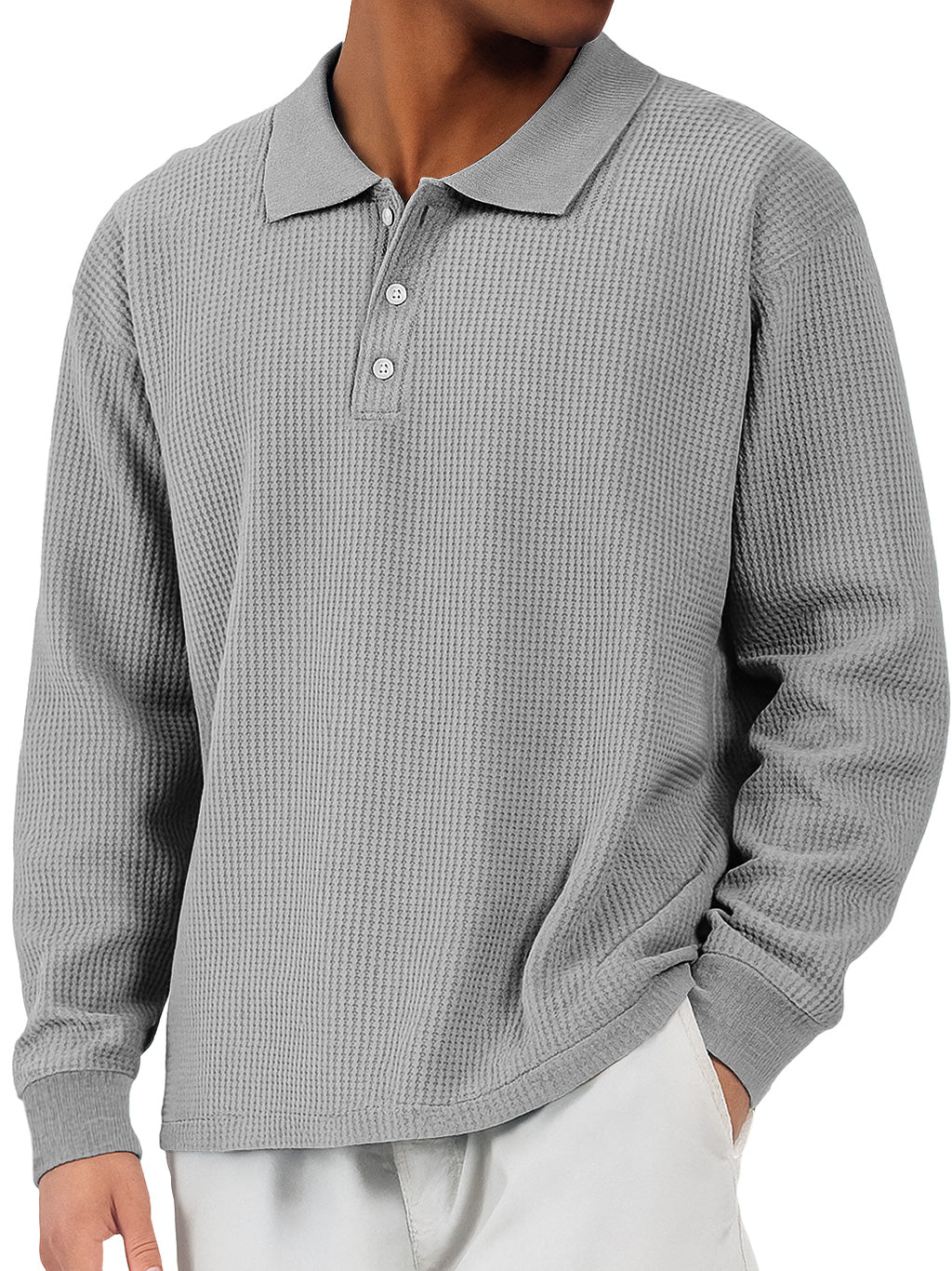 Men's Everyday Waffle Lapel Button-down Loose Casual Long-sleeved Polo Shirt