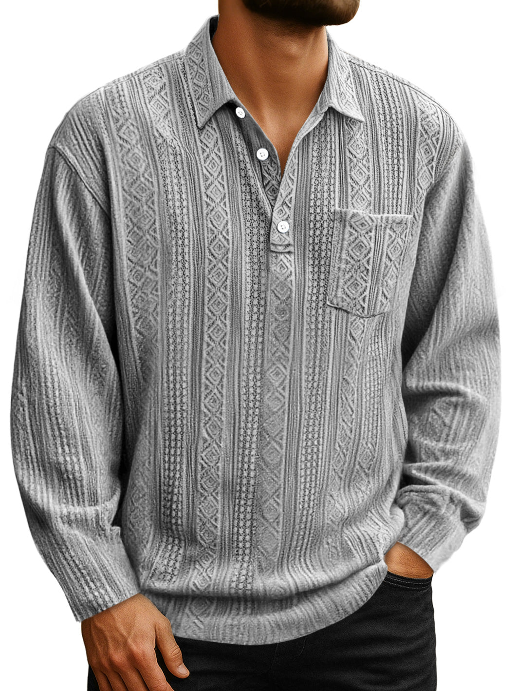 Men's Daily Jacquard Texture Lapel Button Casual Long-sleeved Polo Shirt