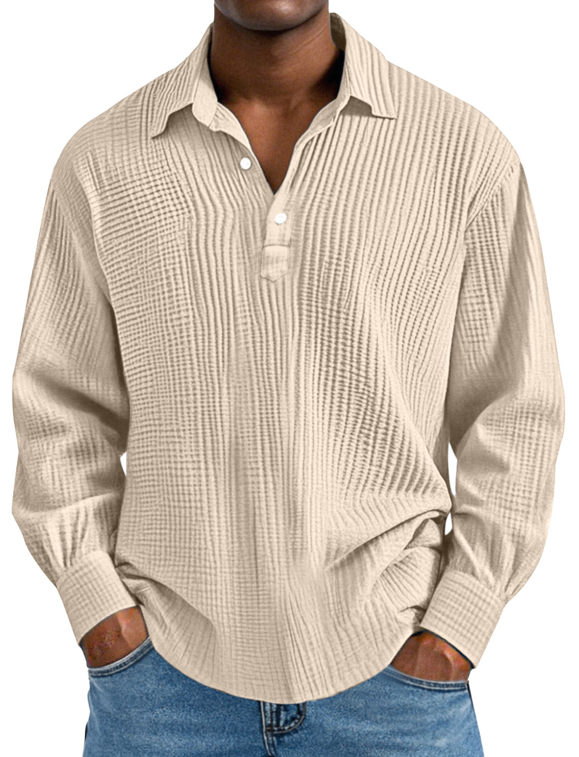 Men's Daily Simple Solid Color Pleated Long Sleeve Lapel Polo Shirt