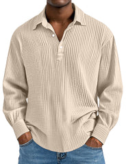 Men's Daily Simple Solid Color Pleated Long Sleeve Lapel Polo Shirt
