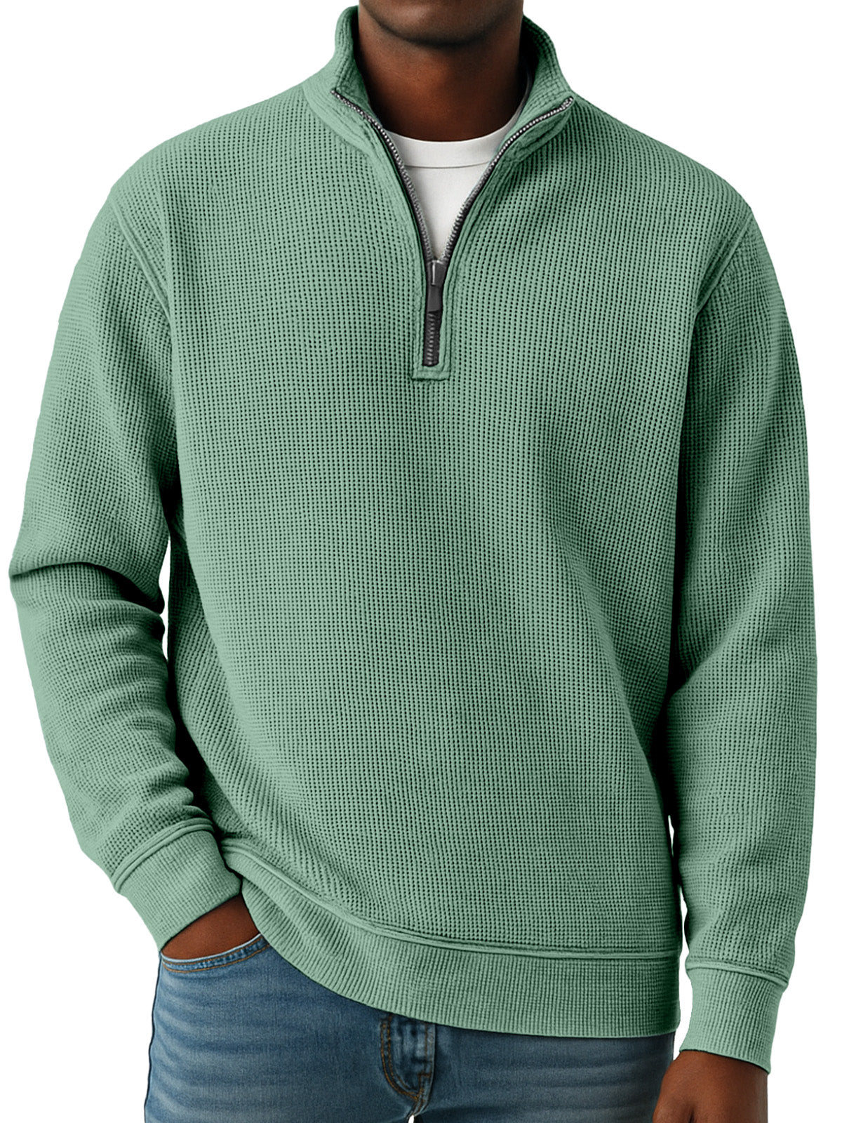 Men's Simple Solid Color Waffle Quarter-zip Long Sleeve Polo Shirt