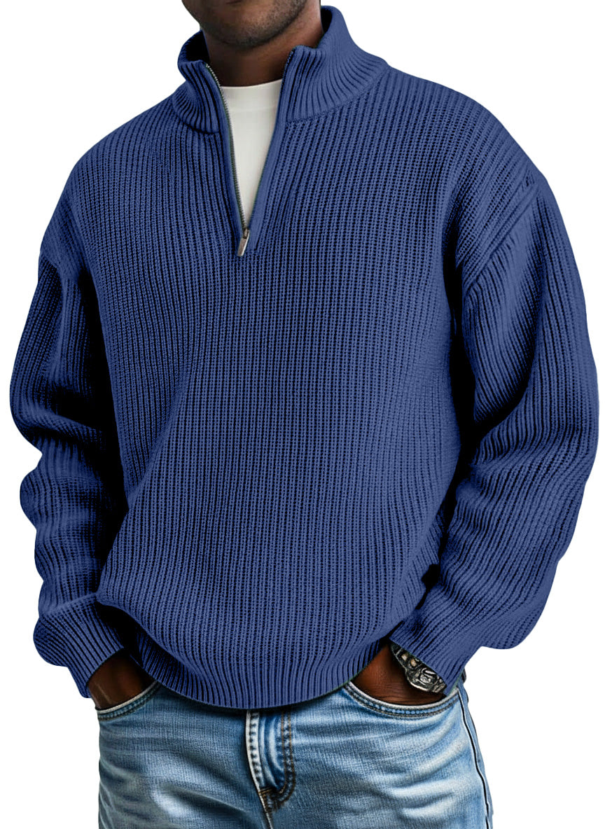 Men's casual plain knitted loose zip-up stand-up collar pullover sweater
