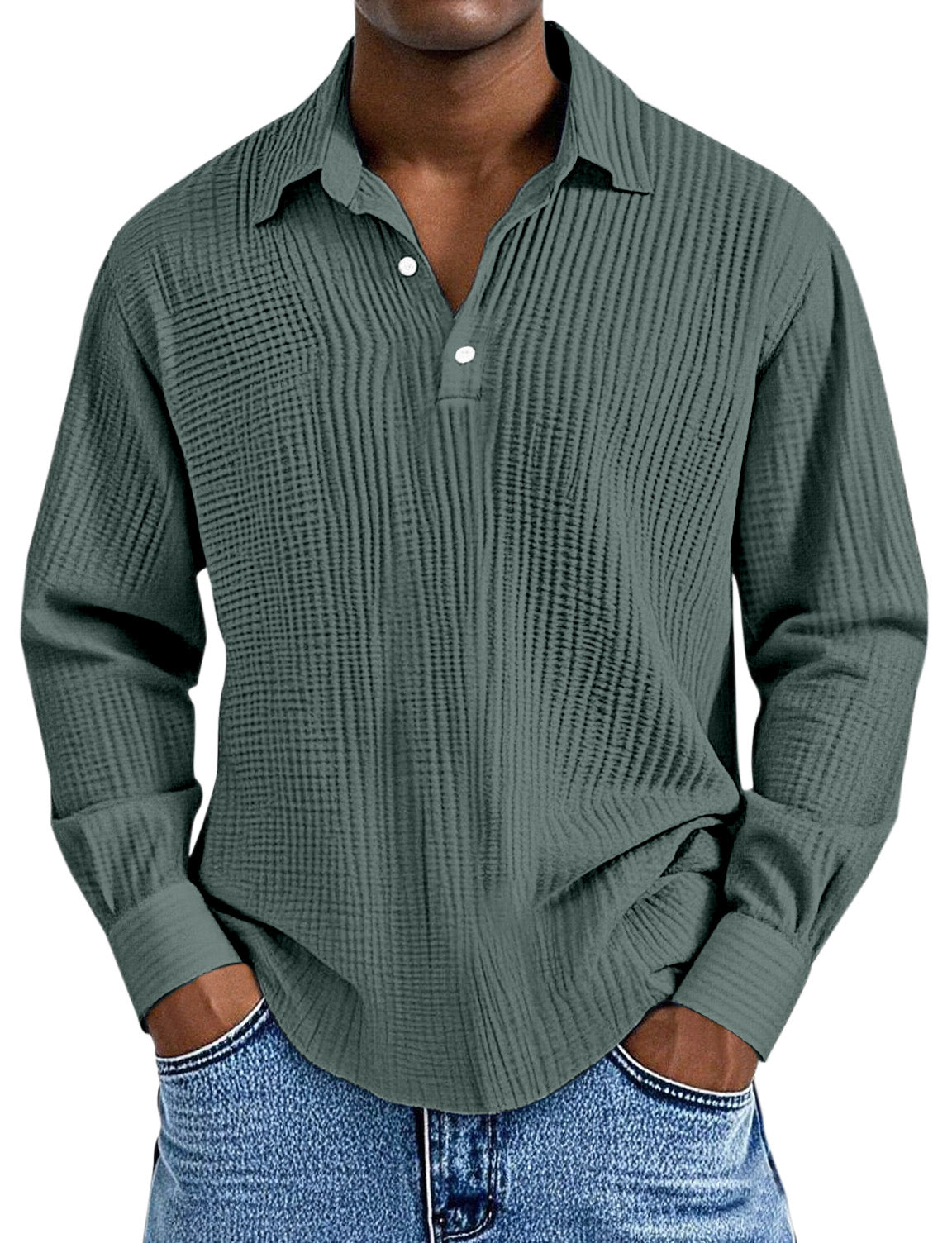 Men's Simple Solid Color Pleated Texture Long-sleeved Lapel Polo Shirt