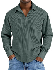 Men's Simple Solid Color Pleated Texture Long-sleeved Lapel Polo Shirt