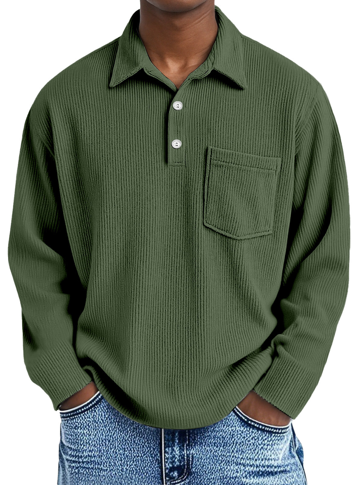 Men's Simple Solid Color Vertical Pit Long Sleeve Polo Shirt With Pocket