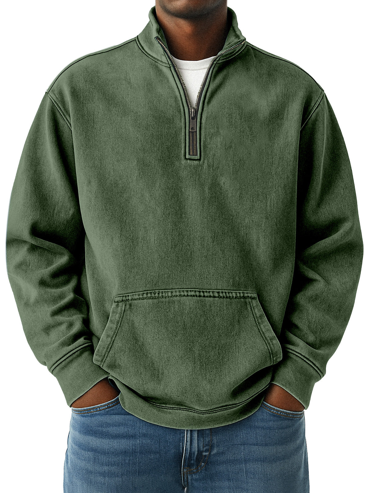 Men's Simple Retro Loose Pocket Quarter Stand Collar Zipper Sweatshirt