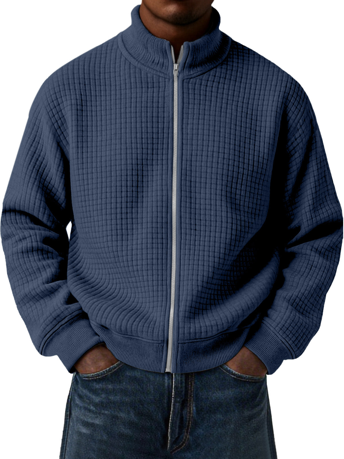 Men's Casual Small Square Jacquard Stand Collar Zipper Long Sleeve Jacket