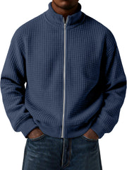 Men's Casual Small Square Jacquard Stand Collar Zipper Long Sleeve Jacket