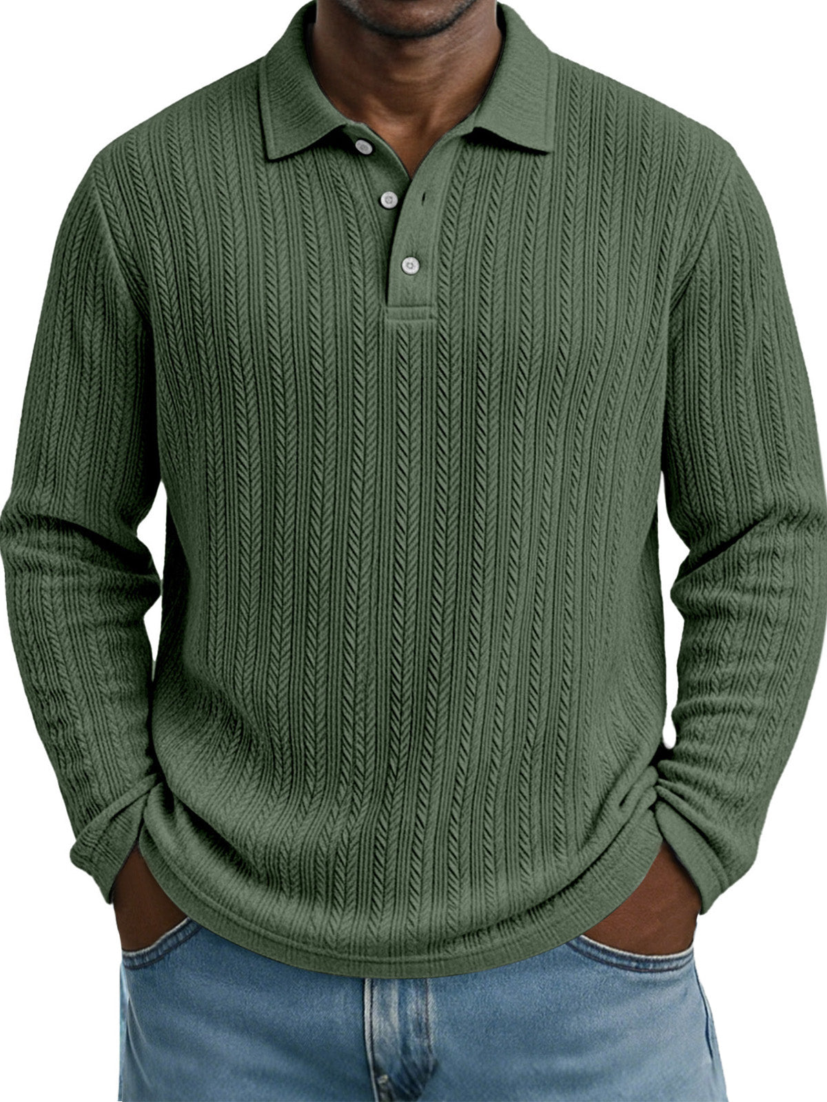 Casual Everyday Design Twist Textured Lapel Long-sleeved Polo Shirt