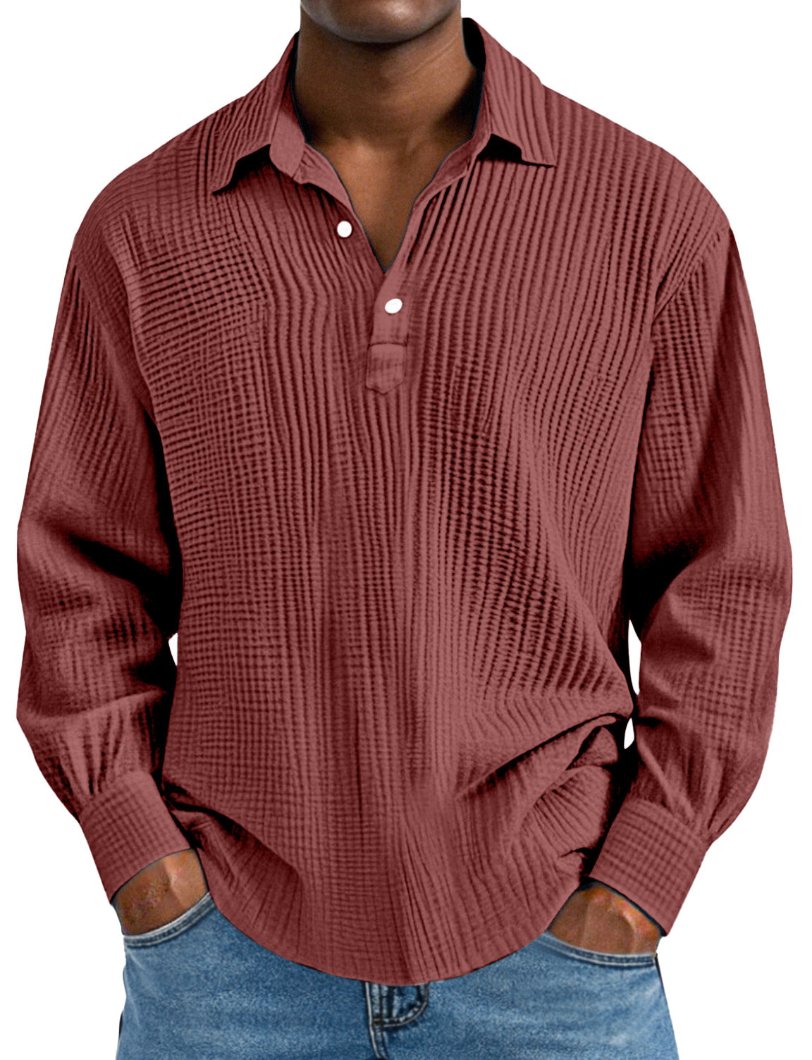 Men's Daily Simple Solid Color Pleated Long Sleeve Lapel Polo Shirt