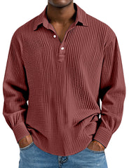 Men's Daily Simple Solid Color Pleated Long Sleeve Lapel Polo Shirt