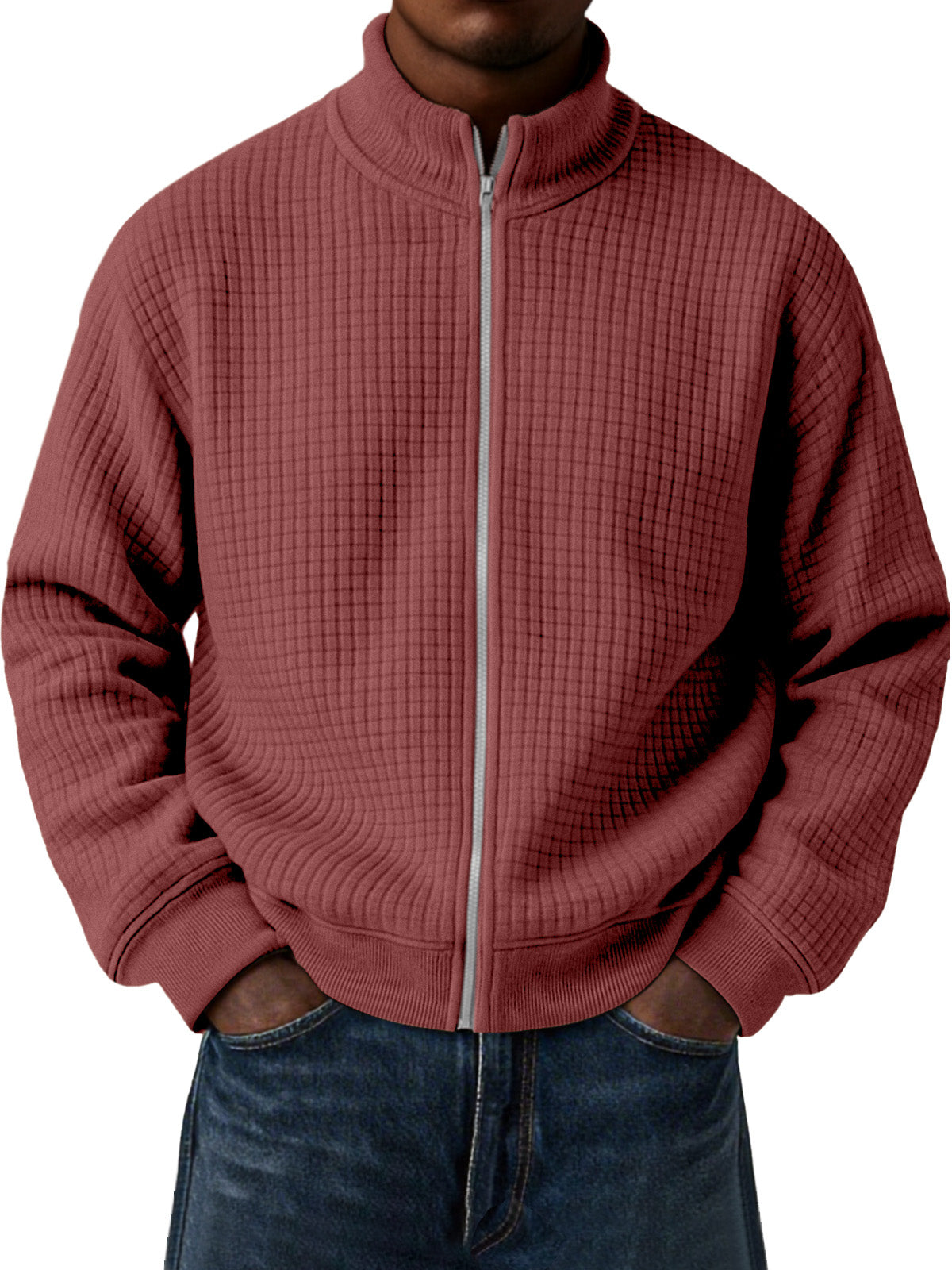 Men's Casual Small Square Jacquard Stand Collar Zipper Long Sleeve Jacket