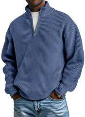 Men's casual plain knitted loose zip-up stand-up collar pullover sweater