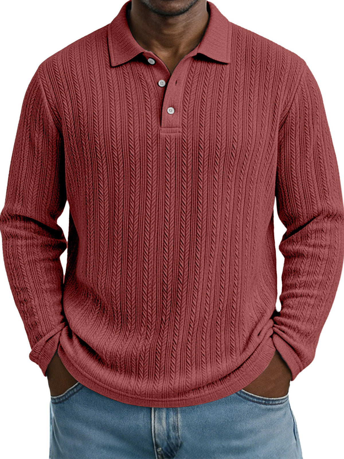 Casual Everyday Design Twist Textured Lapel Long-sleeved Polo Shirt