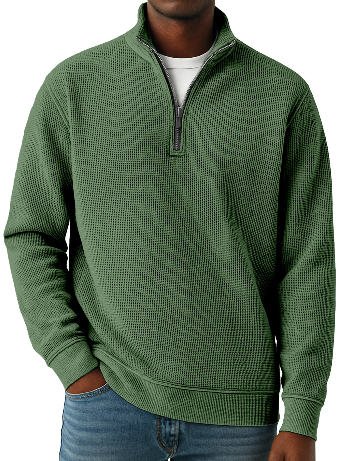 Men's Simple Solid Color Waffle Quarter-zip Long Sleeve Polo Shirt