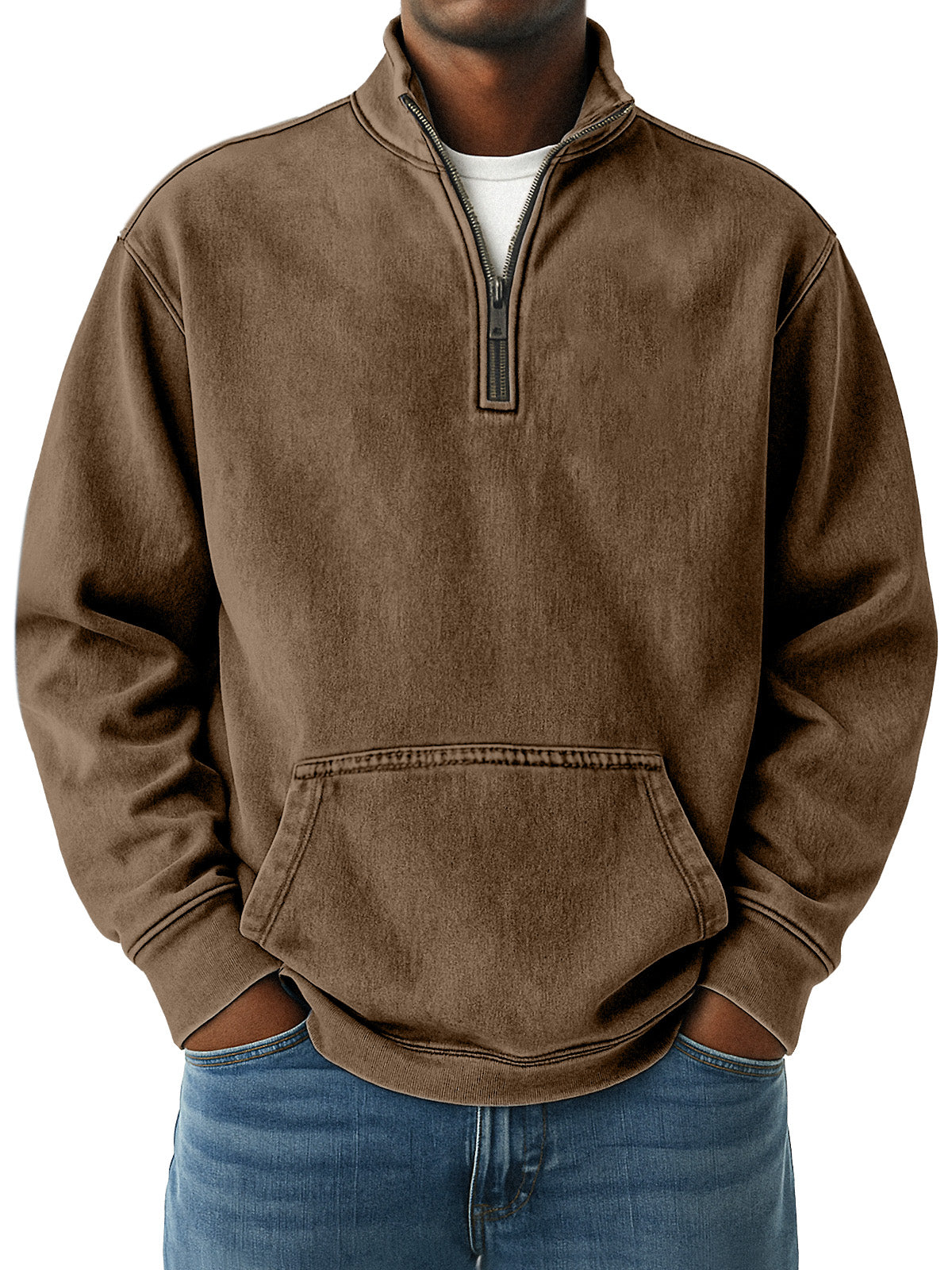 Men's Simple Retro Loose Pocket Quarter Stand Collar Zipper Sweatshirt