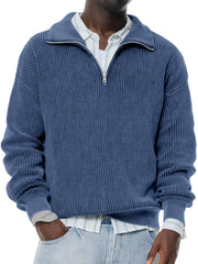 Men's Daily Casual Solid Color Knitted Stand Collar Zipper Pullover Sweater