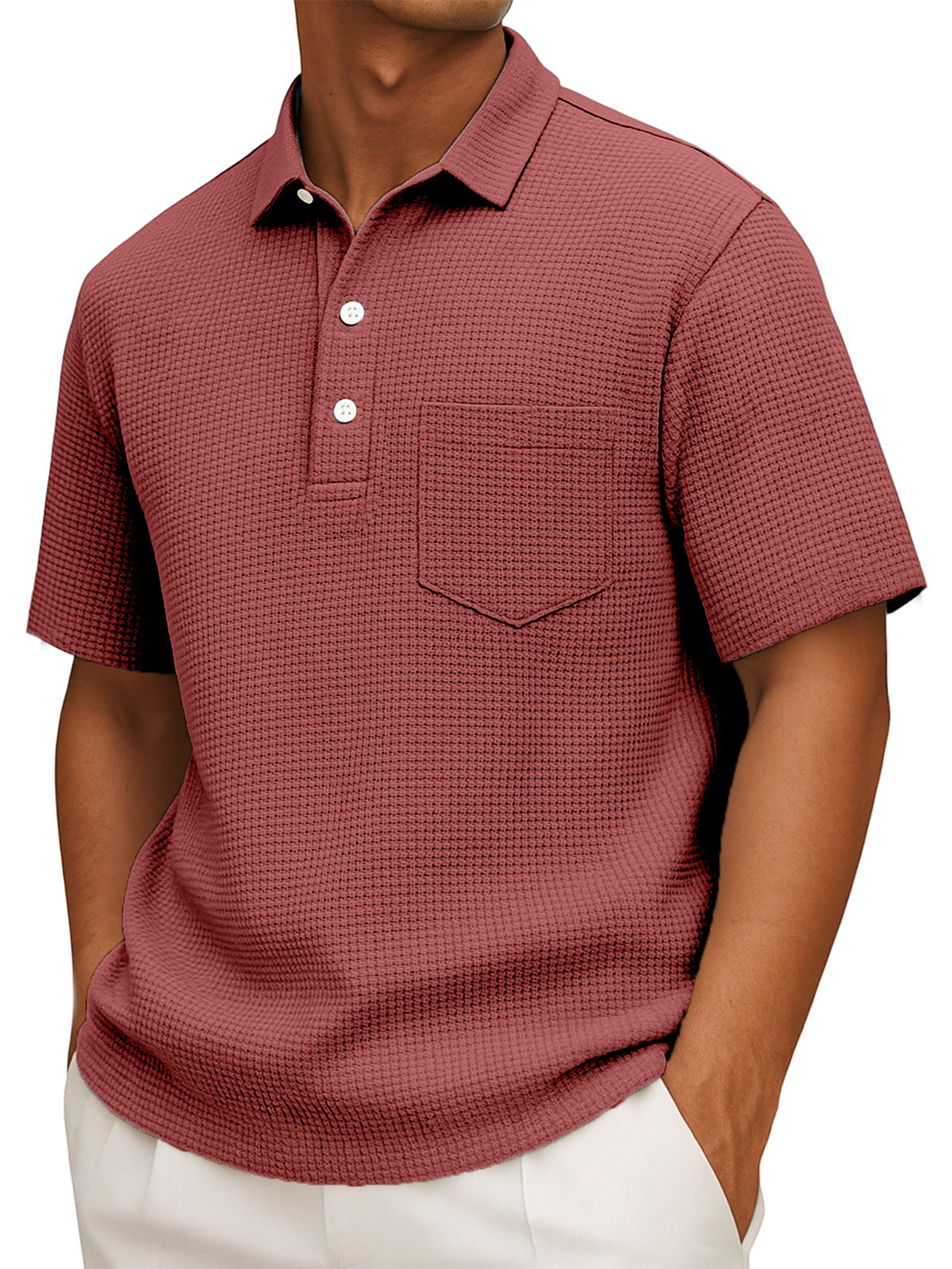 Men's Casual Solid Color Waffleck Short Sleeve Polo Shirt