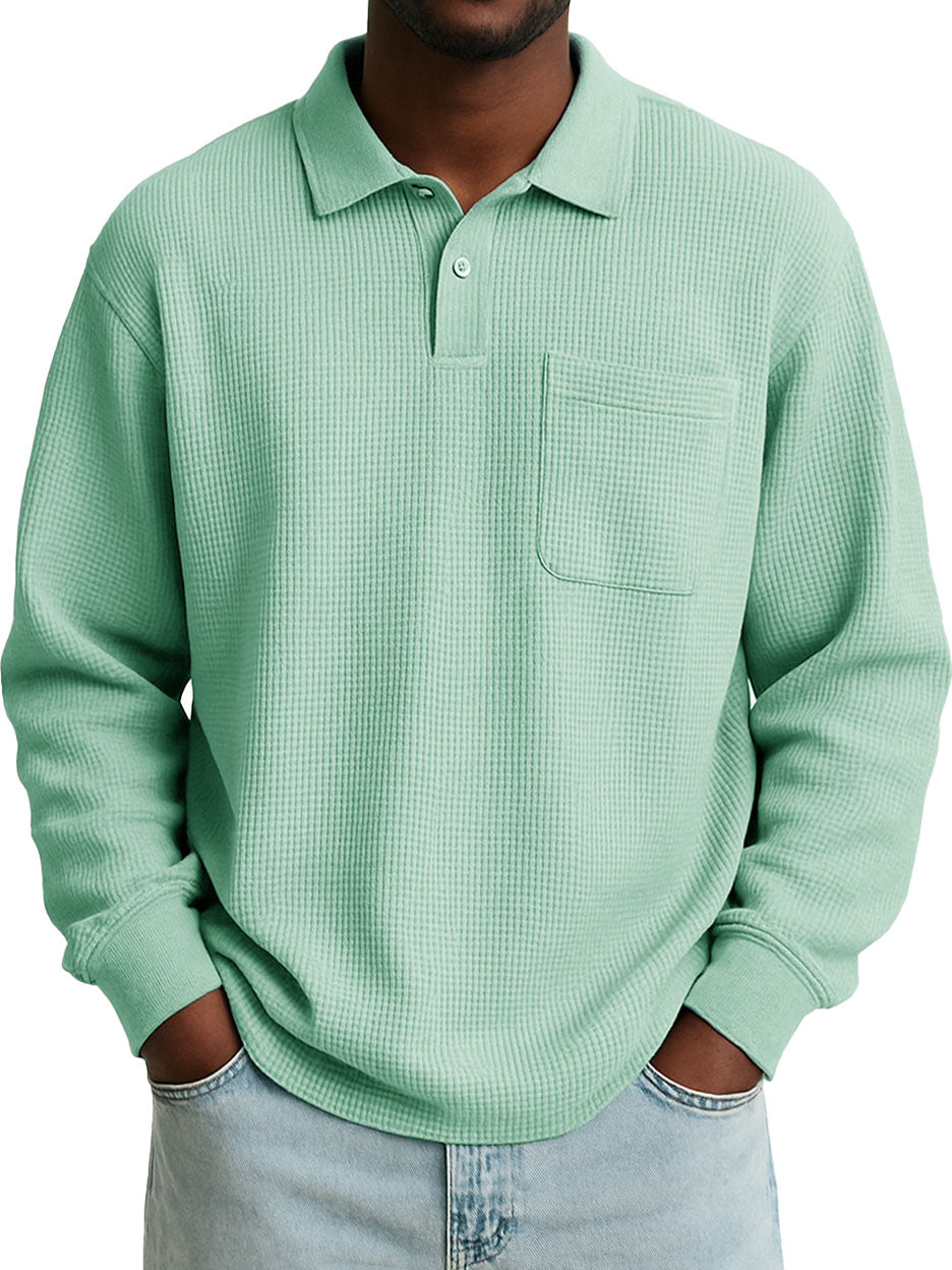 Men's Stylish Casual Everyday Waffle Long-sleeved Lapel Polo Shirt 