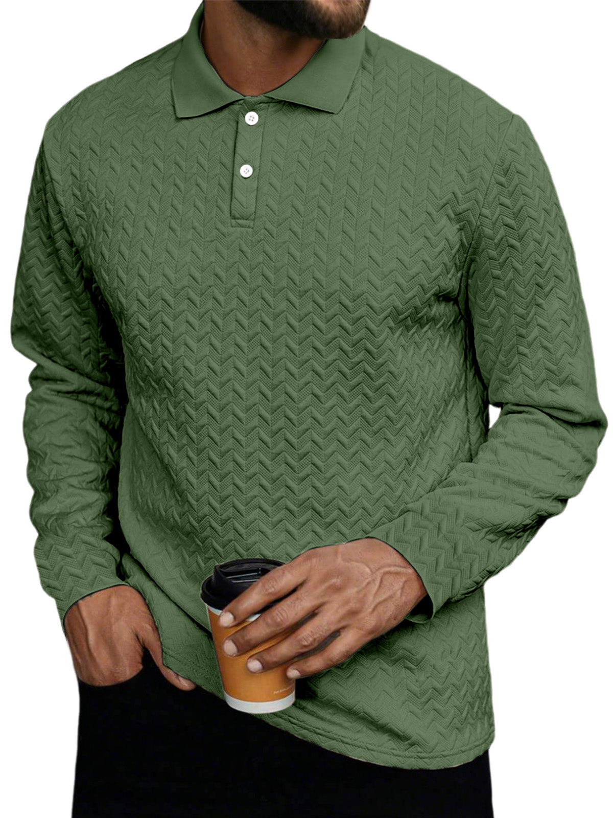 Men's Daily Casual Solid Color Textured Button Long-sleeved Polo Shirt