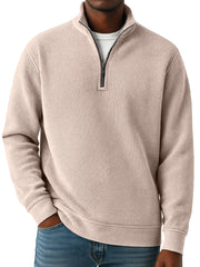 Men's Simple Solid Color Waffle Quarter-zip Long Sleeve Polo Shirt