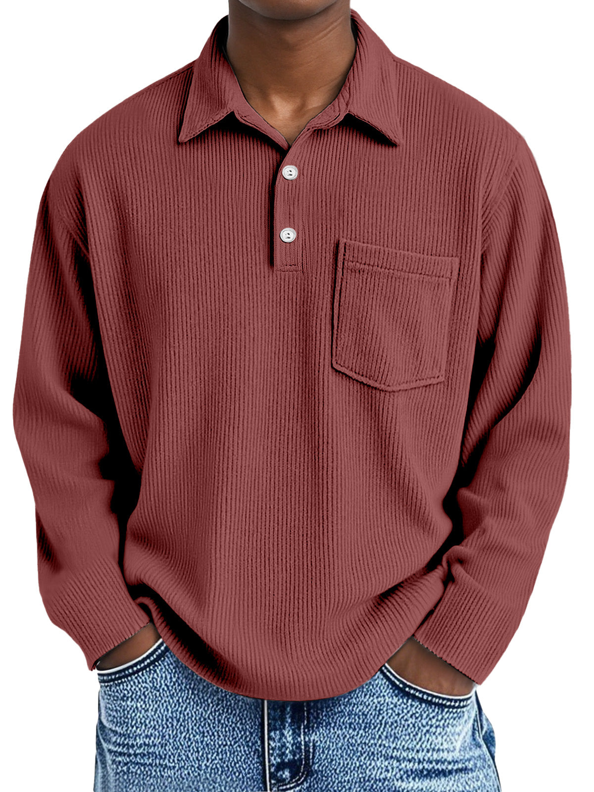 Men's Simple Solid Color Vertical Pit Long Sleeve Polo Shirt With Pocket