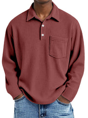 Men's Simple Solid Color Vertical Pit Long Sleeve Polo Shirt With Pocket