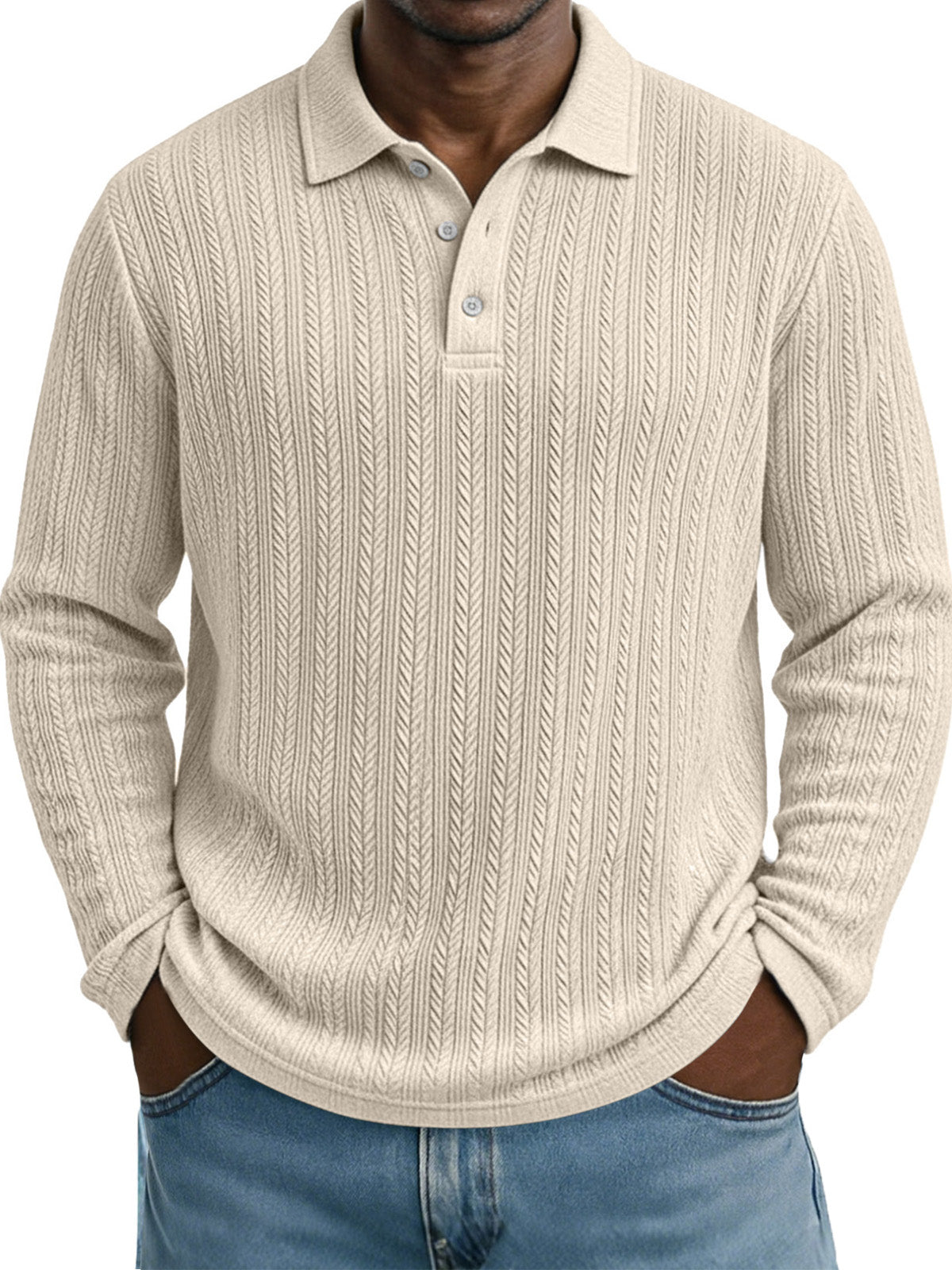 Casual Everyday Design Twist Textured Lapel Long-sleeved Polo Shirt