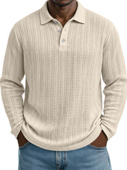 Casual Everyday Design Twist Textured Lapel Long-sleeved Polo Shirt