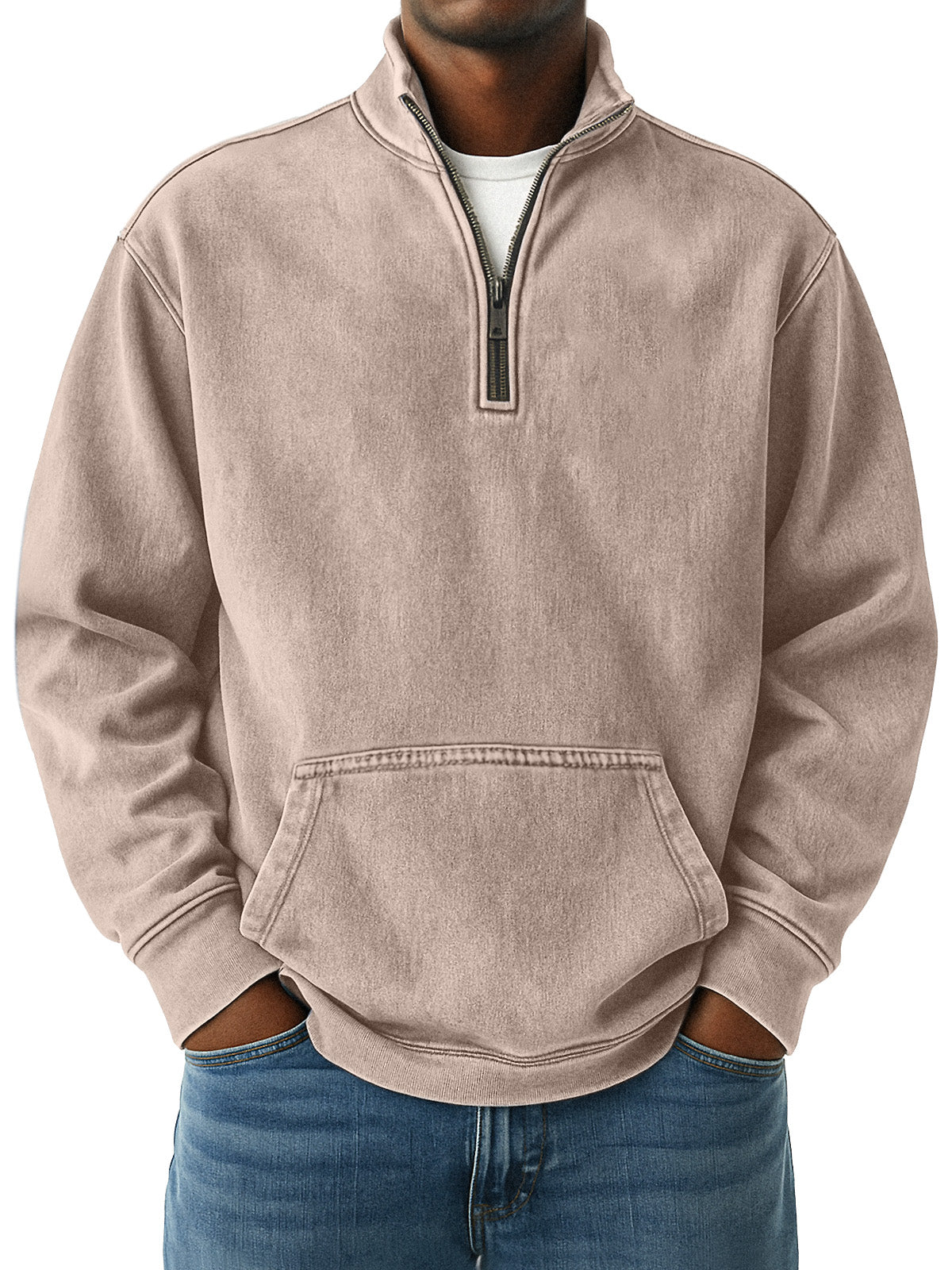 Men's Simple Retro Loose Pocket Quarter Stand Collar Zipper Sweatshirt