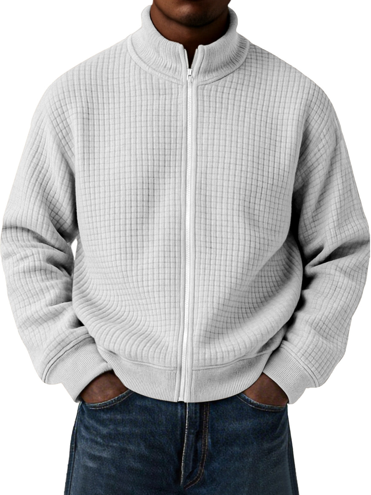 Men's Casual Small Square Jacquard Stand Collar Zipper Long Sleeve Jacket