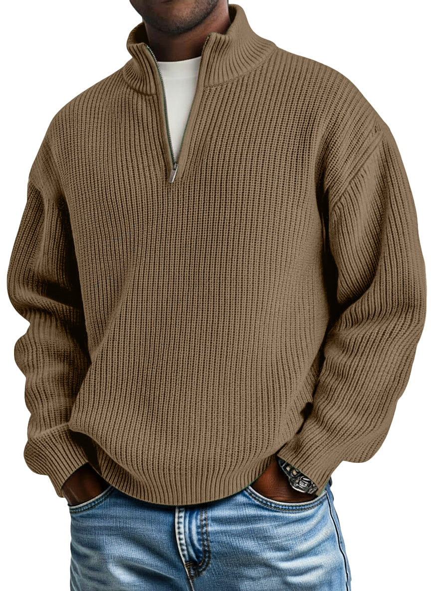 Men's casual plain knitted loose zip-up stand-up collar pullover sweater